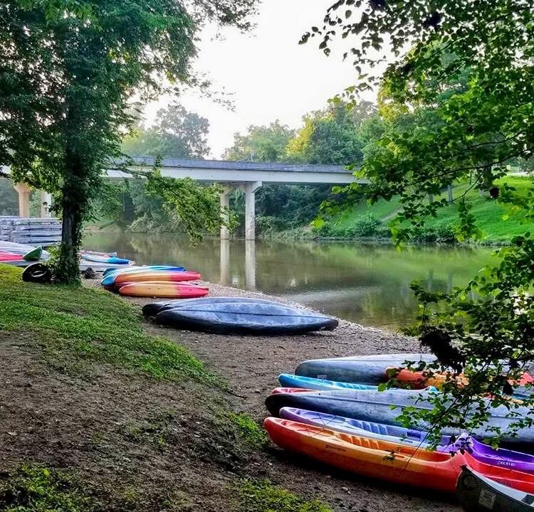 Colorful kayaks lined up along the Buffalo River launch