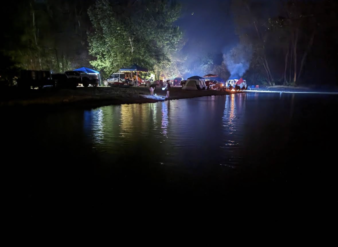 Campsites lit up at night along the Buffalo River