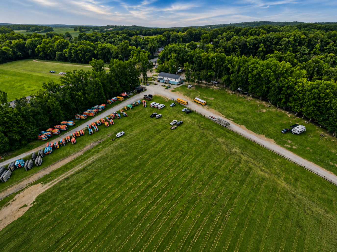 Aerial view of the Crazy Horse office, boat fleet and open fields