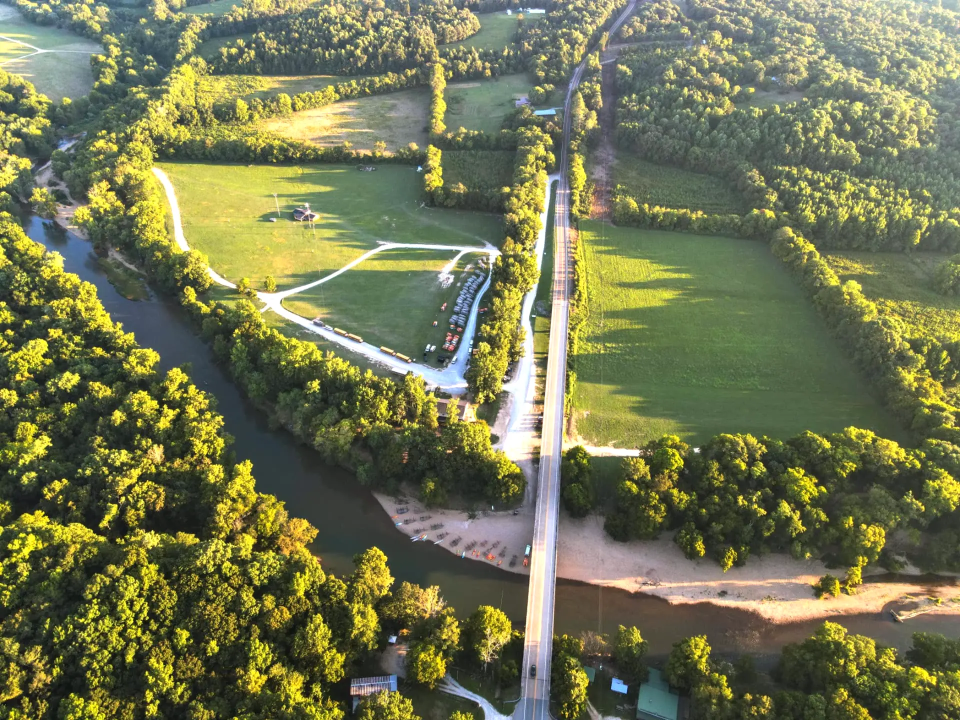Aerial view of Bell Bridge and the Buffalo River