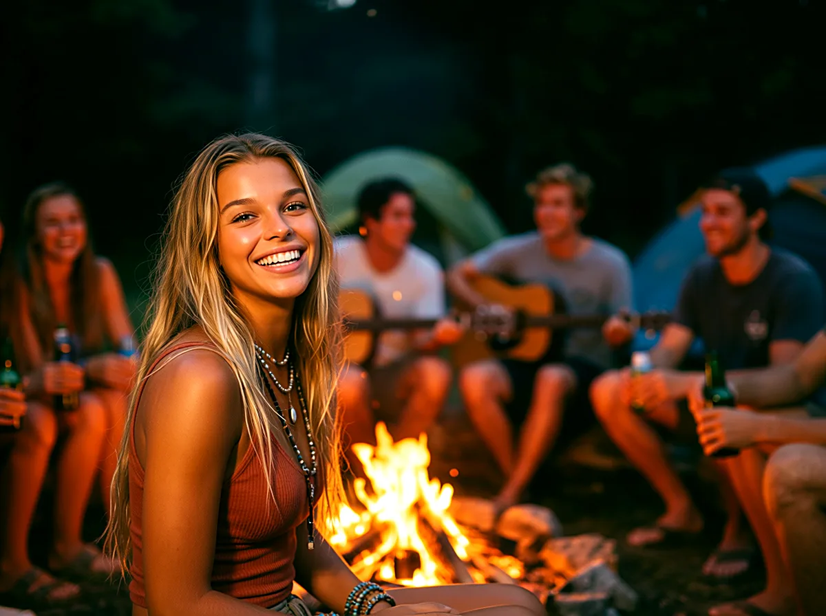 Friends playing guitar around a campfire at night at Crazy Horse