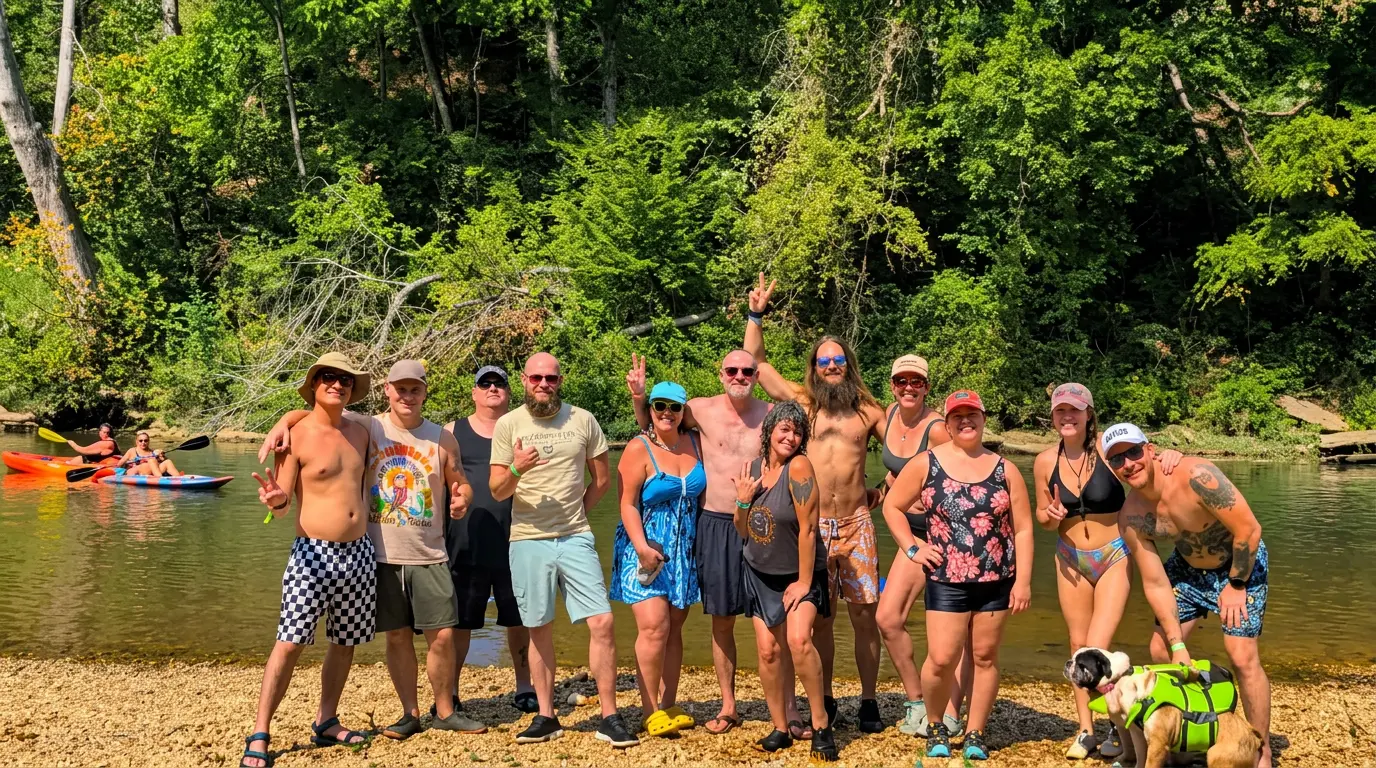 Group of friends on a Buffalo River gravel bar