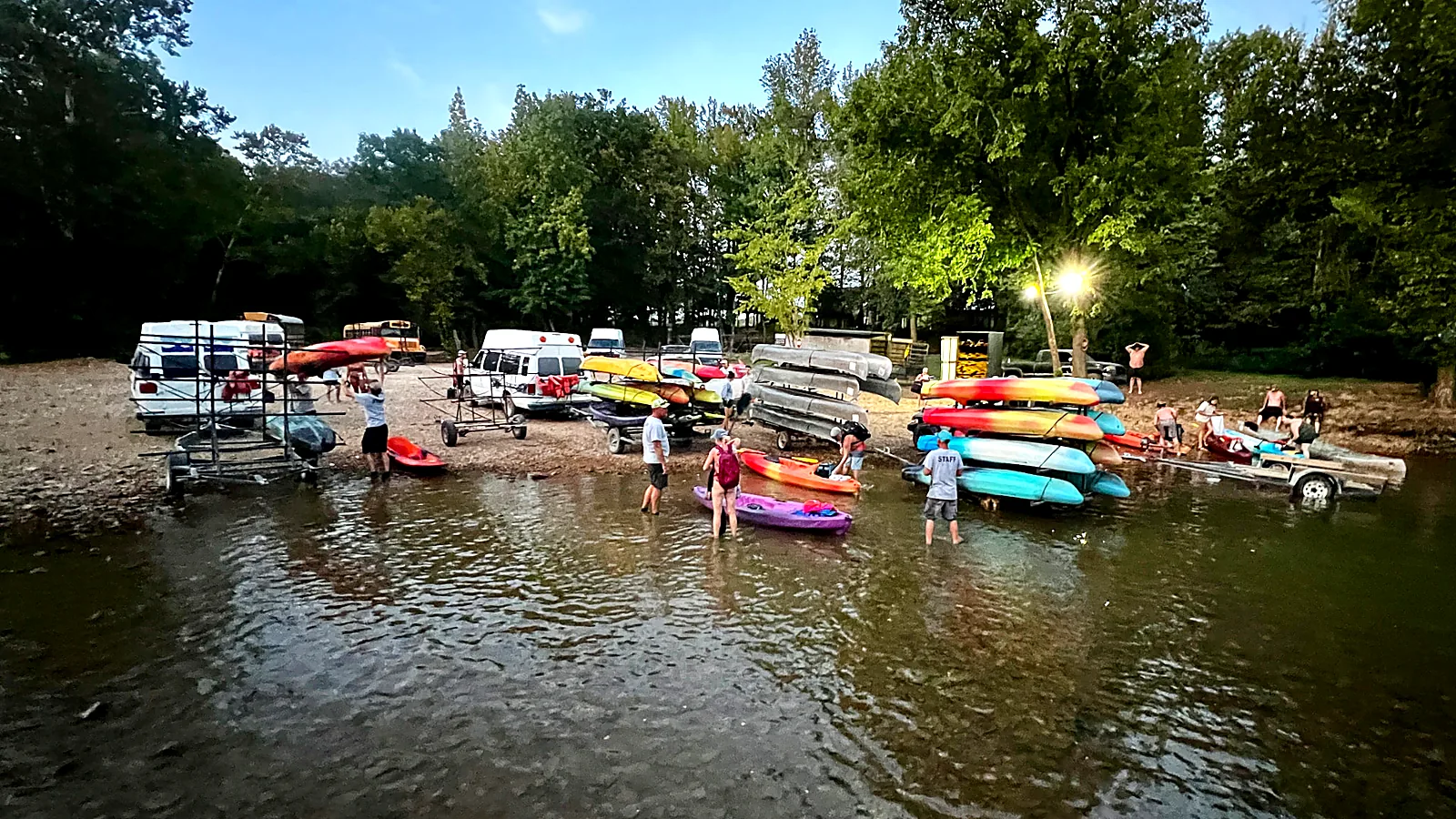Loading kayaks at dusk by the Crazy Horse launch