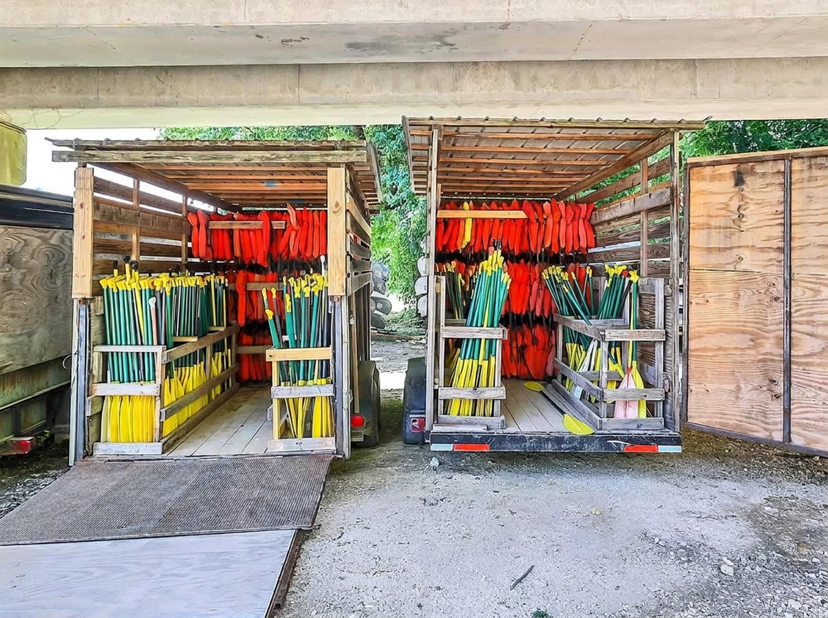 Paddles and life jackets organized on mobile rental racks