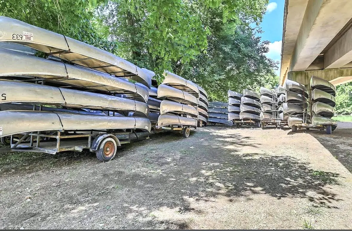 Crazy Horse canoe fleet ready under Bell Bridge